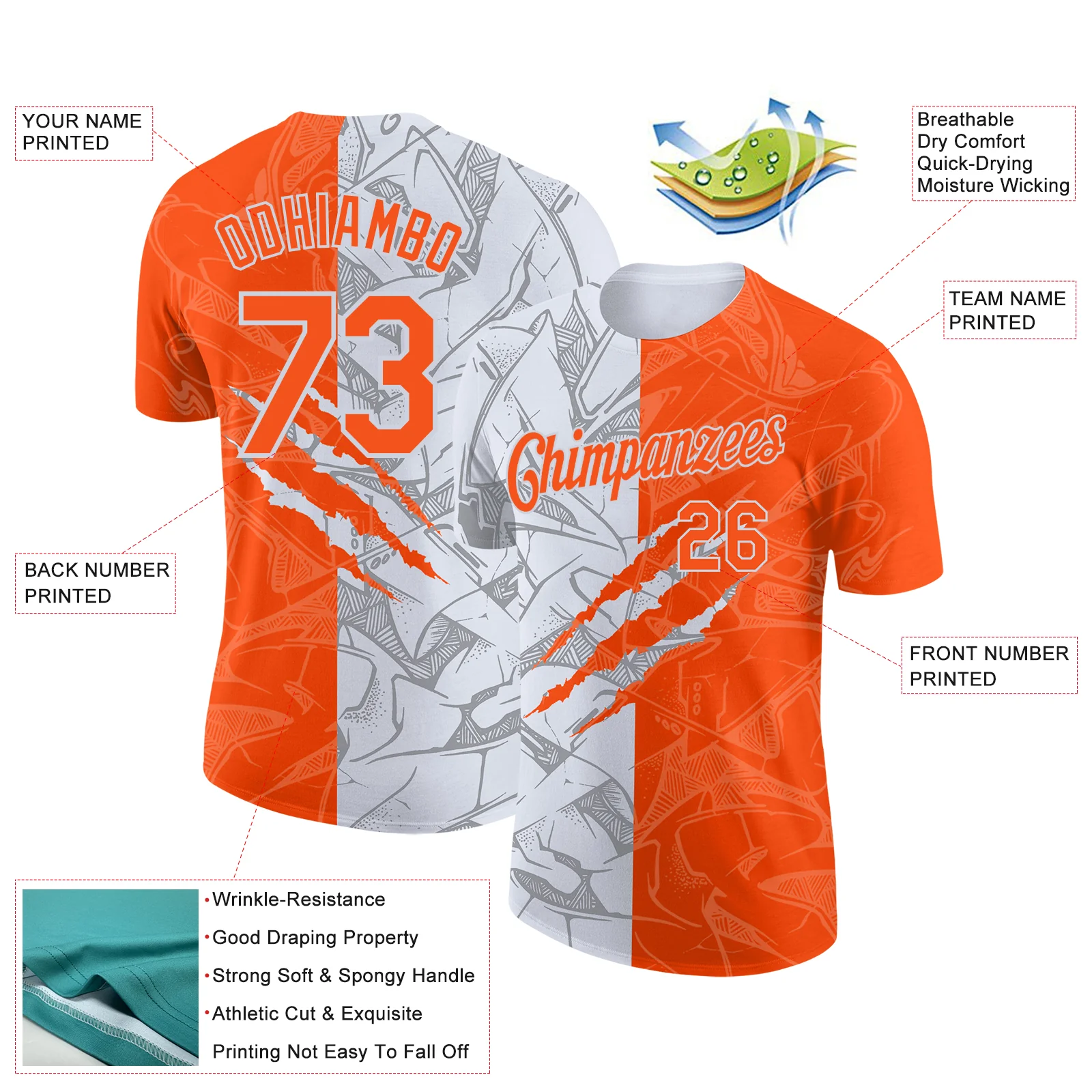 Custom Graffiti Pattern Orange-White Scratch 3D Performance T-Shirt - Image 2