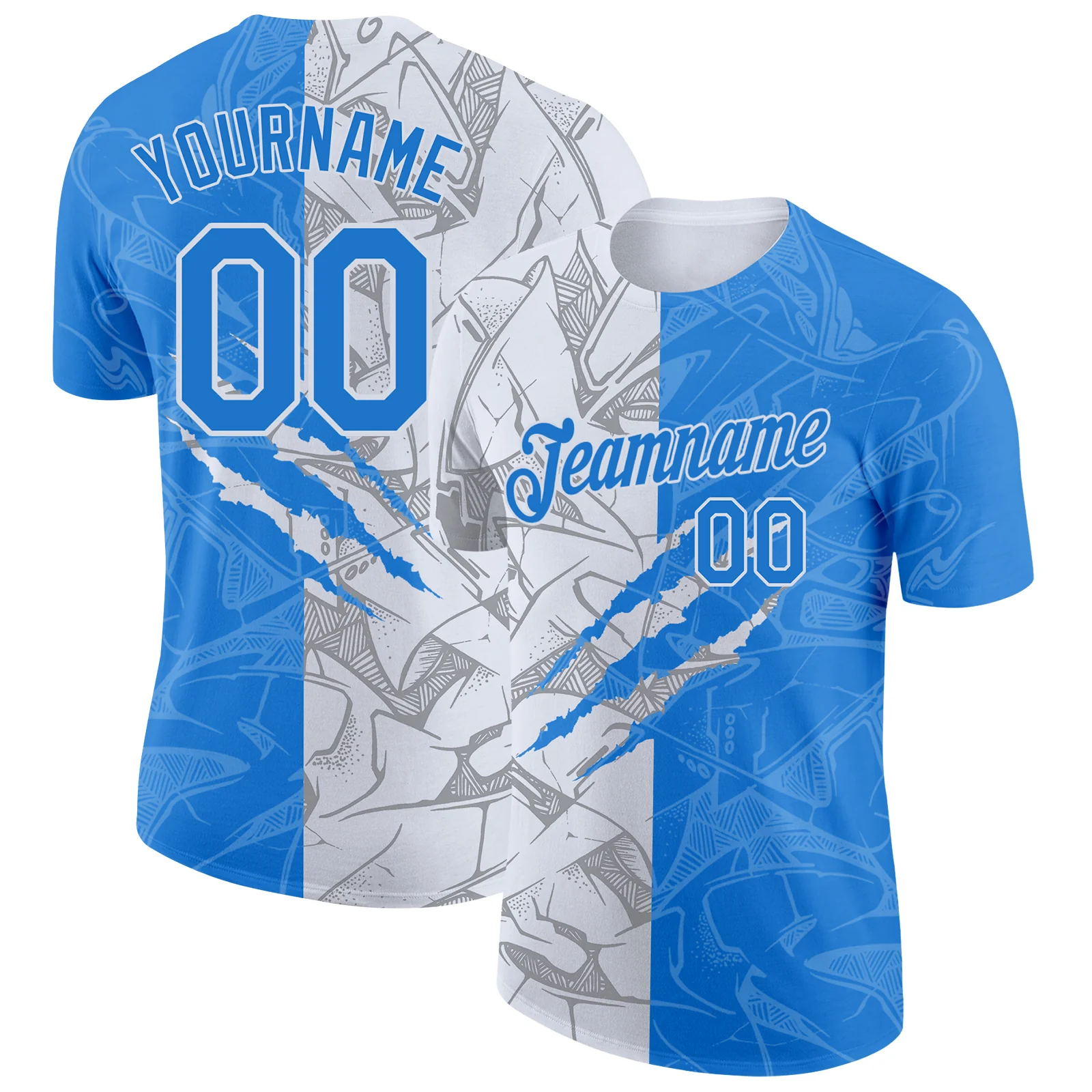 Custom Graffiti Pattern Powder Blue-White Scratch 3D Performance T-Shirt