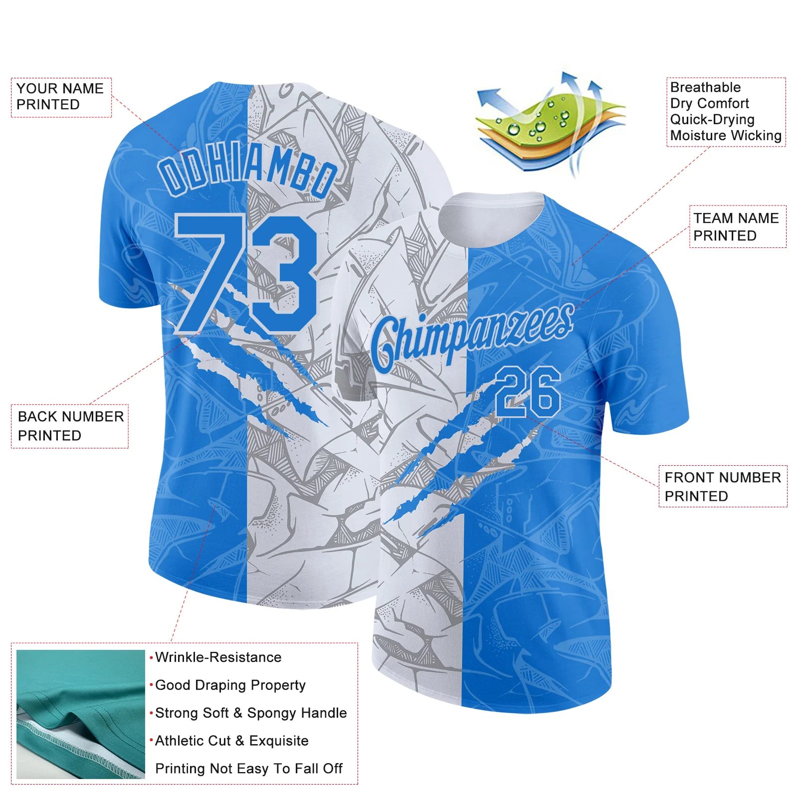 Custom Graffiti Pattern Powder Blue-White Scratch 3D Performance T-Shirt - Image 2