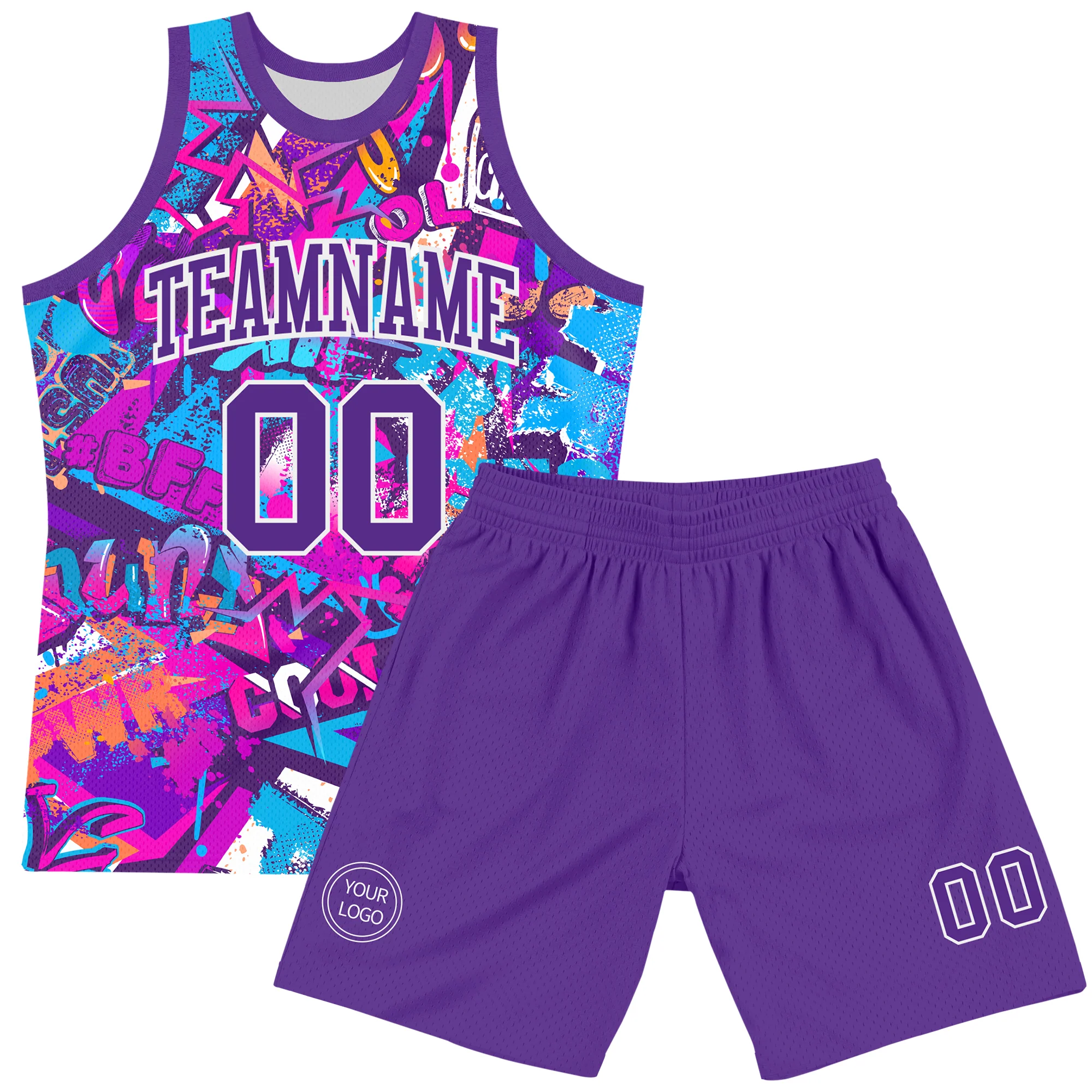 Custom Graffiti Pattern Purple-White Splash Round Neck Sublimation Basketball Suit Jersey - Image 2