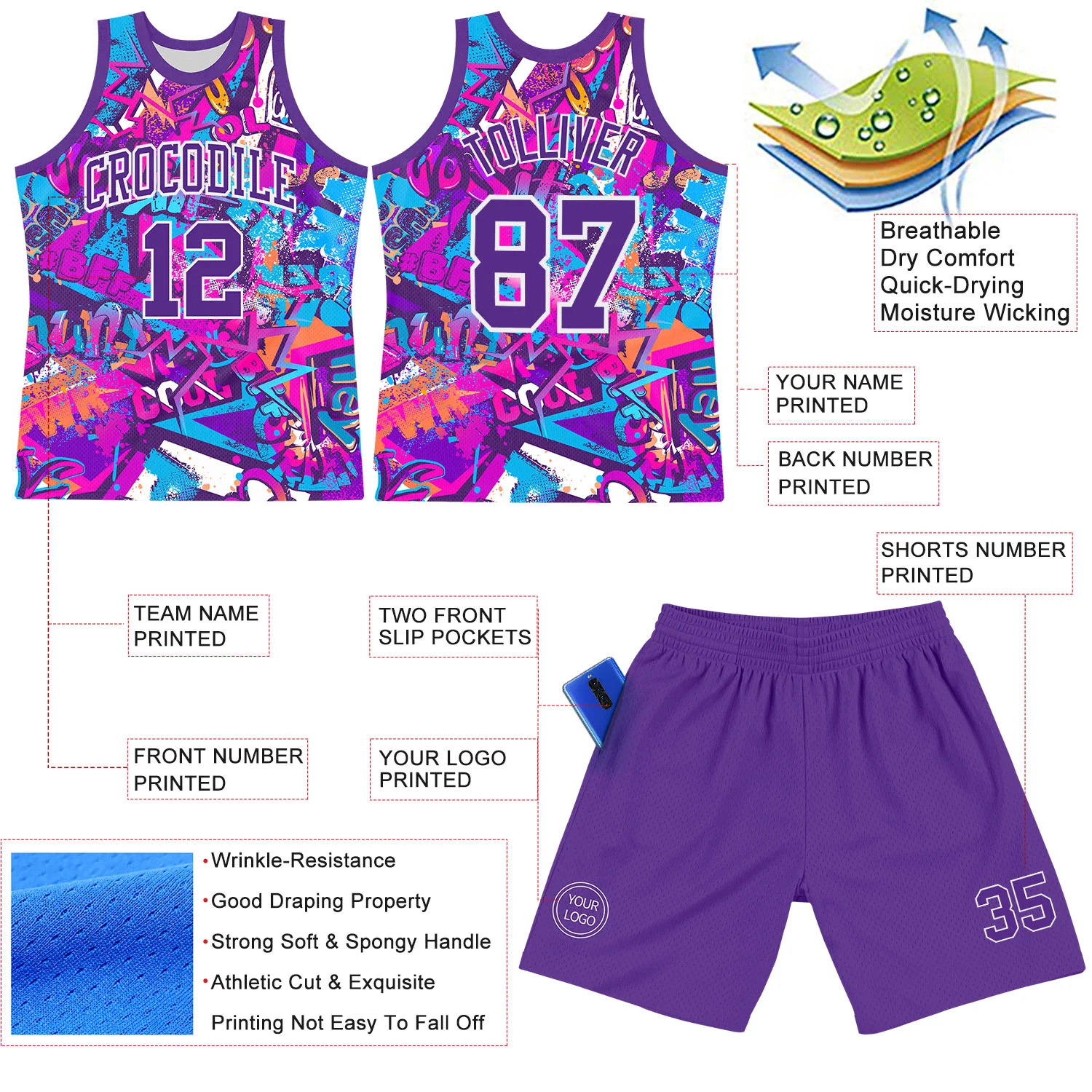 Custom Graffiti Pattern Purple-White Splash Round Neck Sublimation Basketball Suit Jersey - Image 3