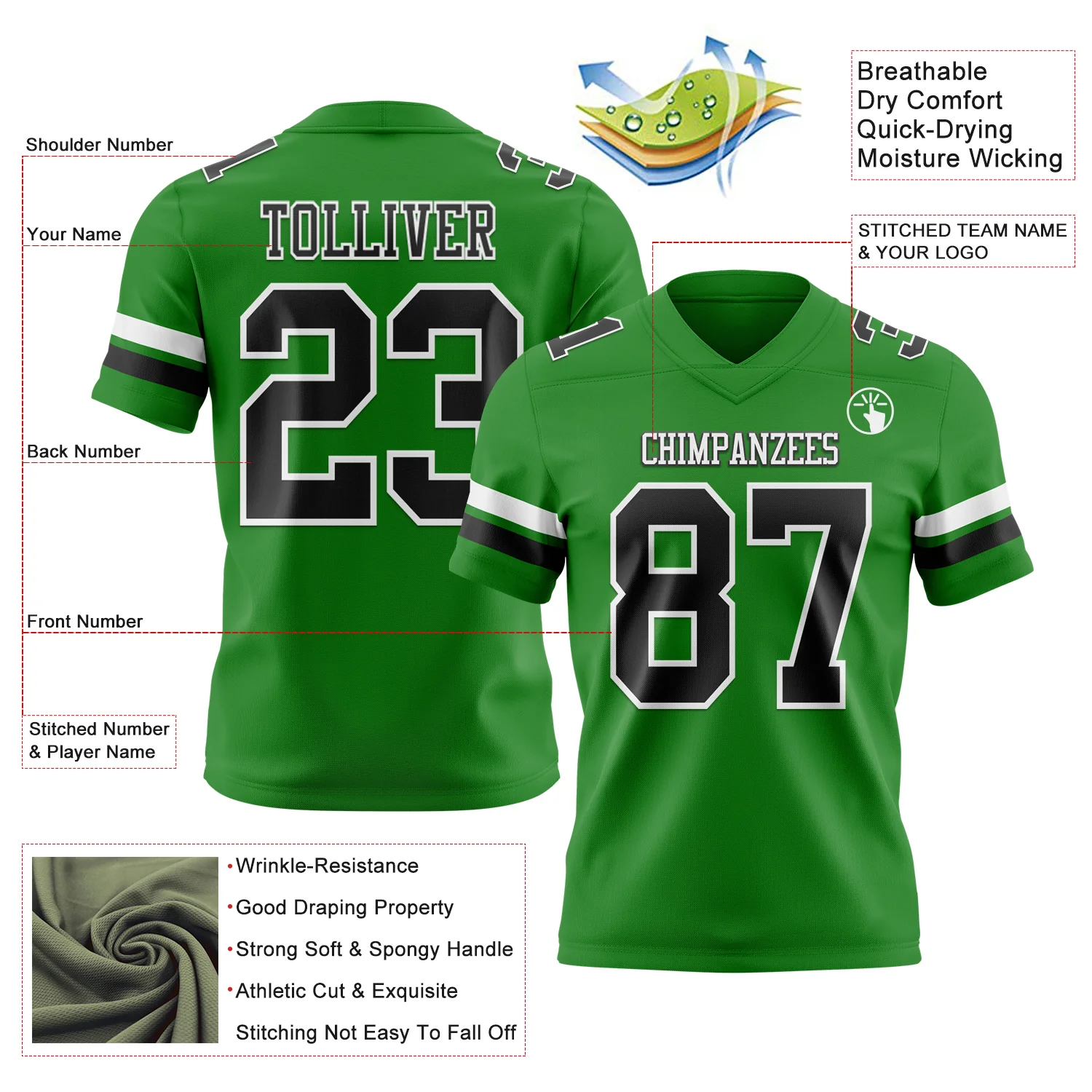 Custom Grass Green Black-White Authentic Football Jersey - Image 3