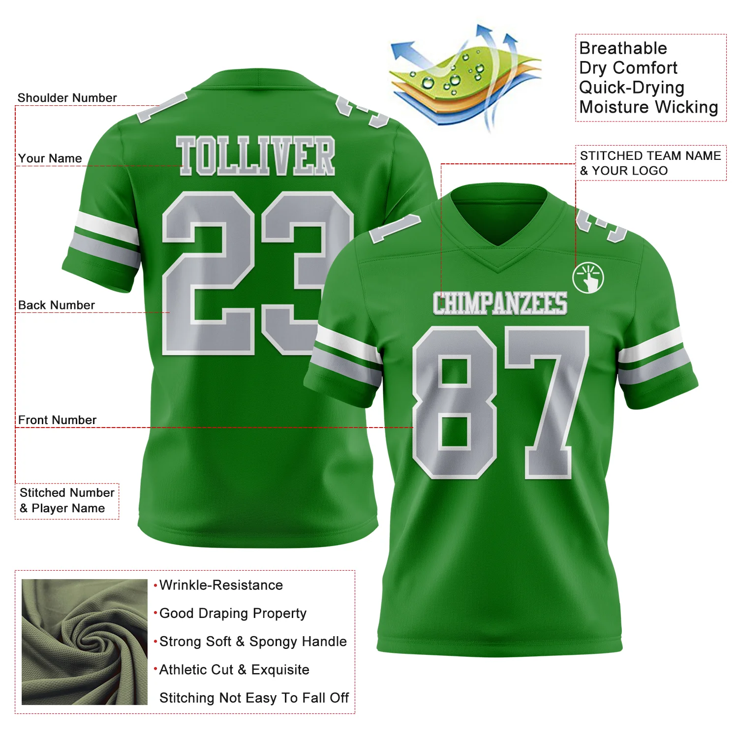 Custom Grass Green Gray-White Authentic Football Jersey - Image 3