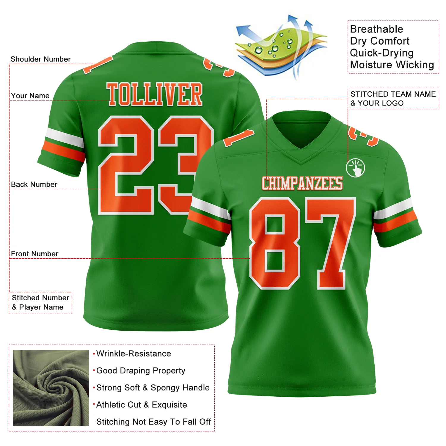 Custom Grass Green Orange-White Authentic Football Jersey - Image 3