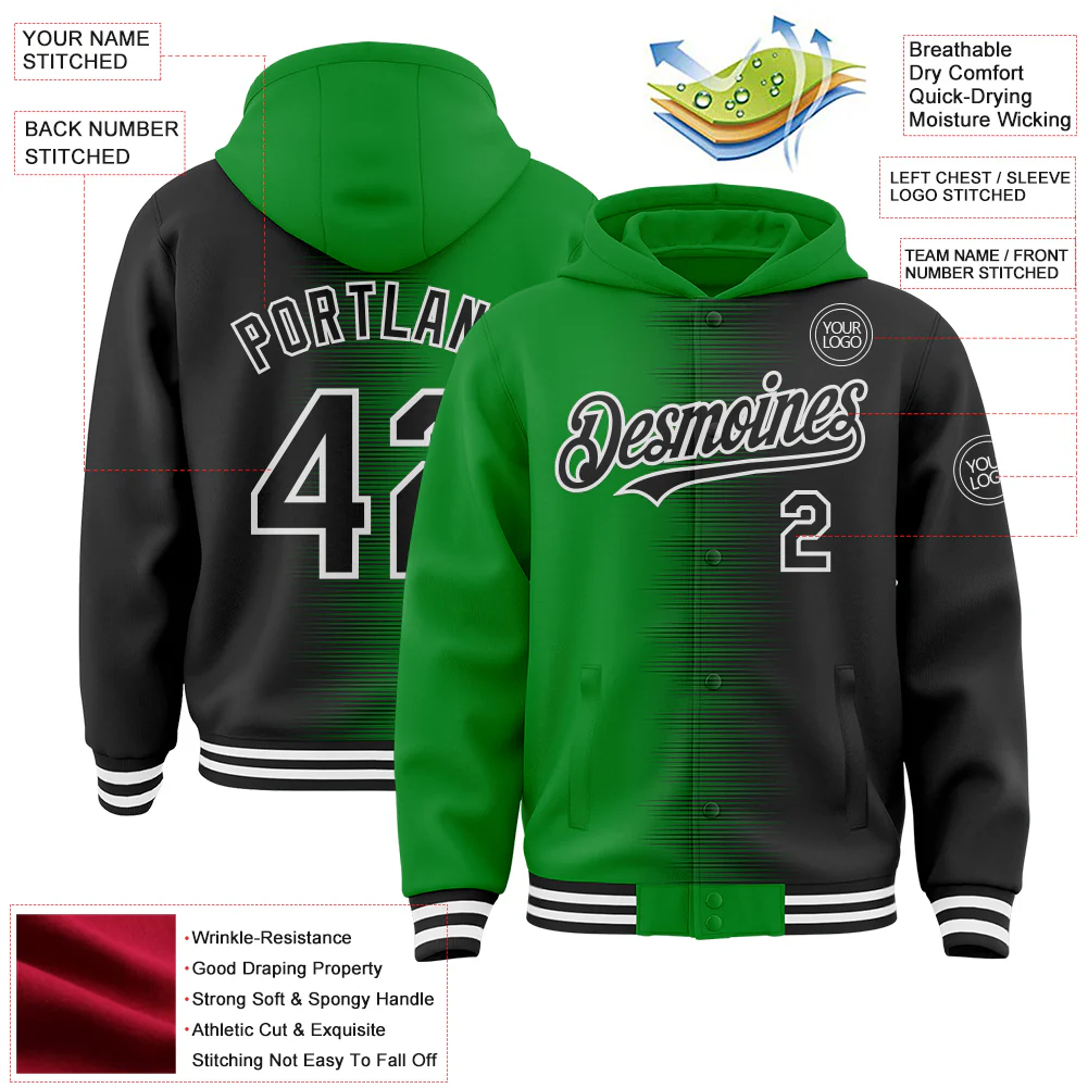 Custom Grass Green Black-White Gradient Line Bomber Full-Snap Varsity Letterman Hoodie Jacket - Image 4