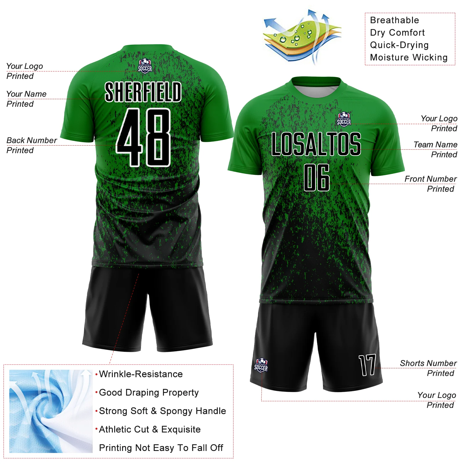 Custom Grass Green Black-White Abstract Fragment Art Sublimation Soccer Uniform Jersey - Image 4