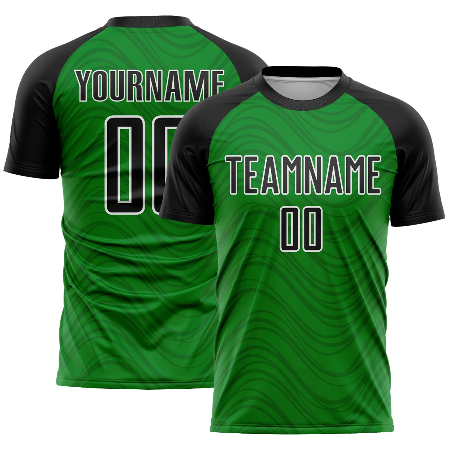 Custom Grass Green Black-White Wavy Lines Sports Sublimation Soccer Uniform Jersey