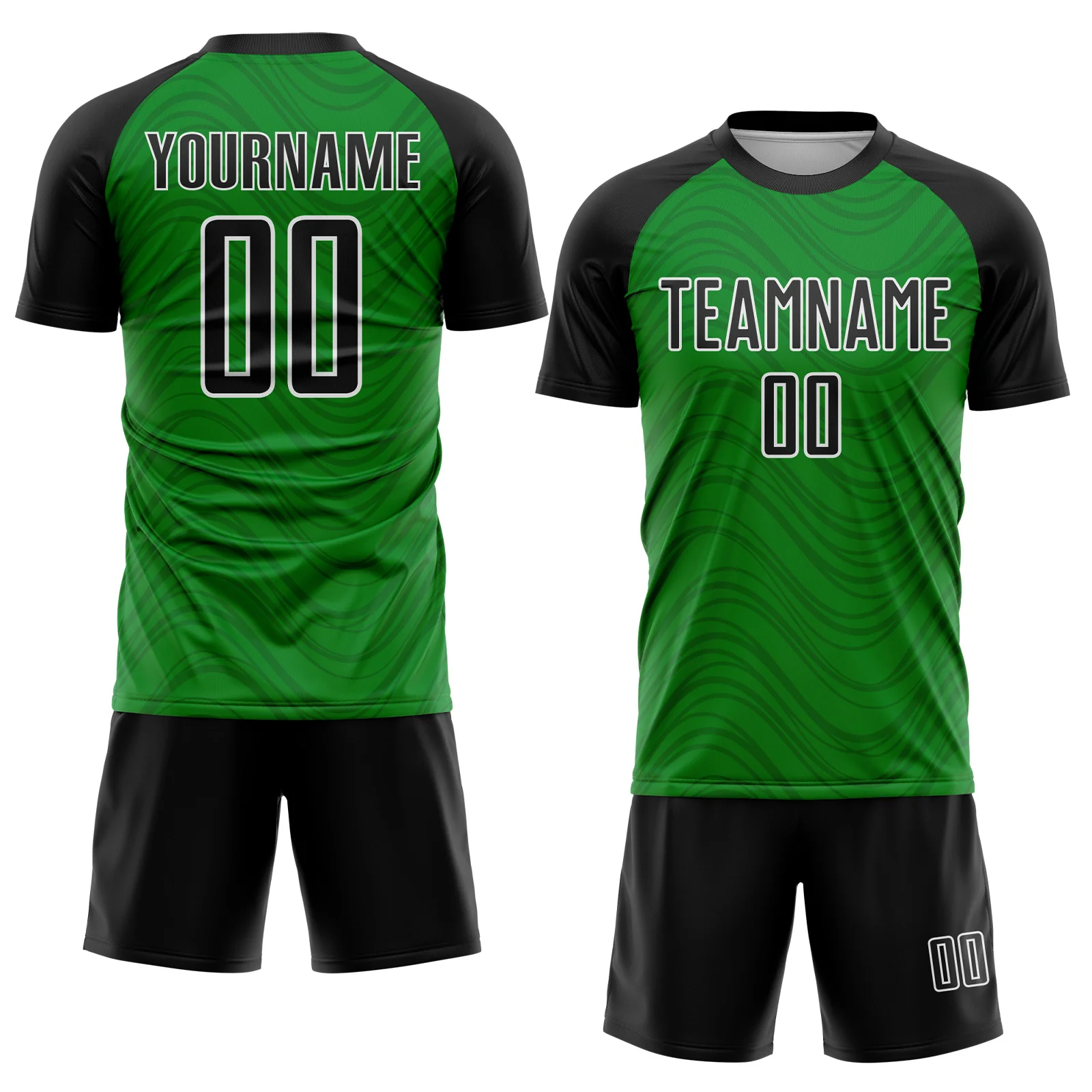 Custom Grass Green Black-White Wavy Lines Sports Sublimation Soccer Uniform Jersey - Image 2