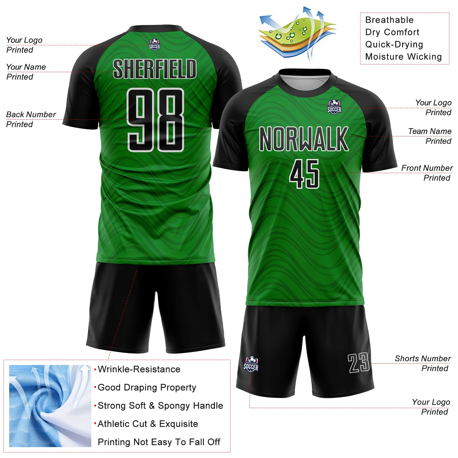 Custom Grass Green Black-White Wavy Lines Sports Sublimation Soccer Uniform Jersey - Image 4