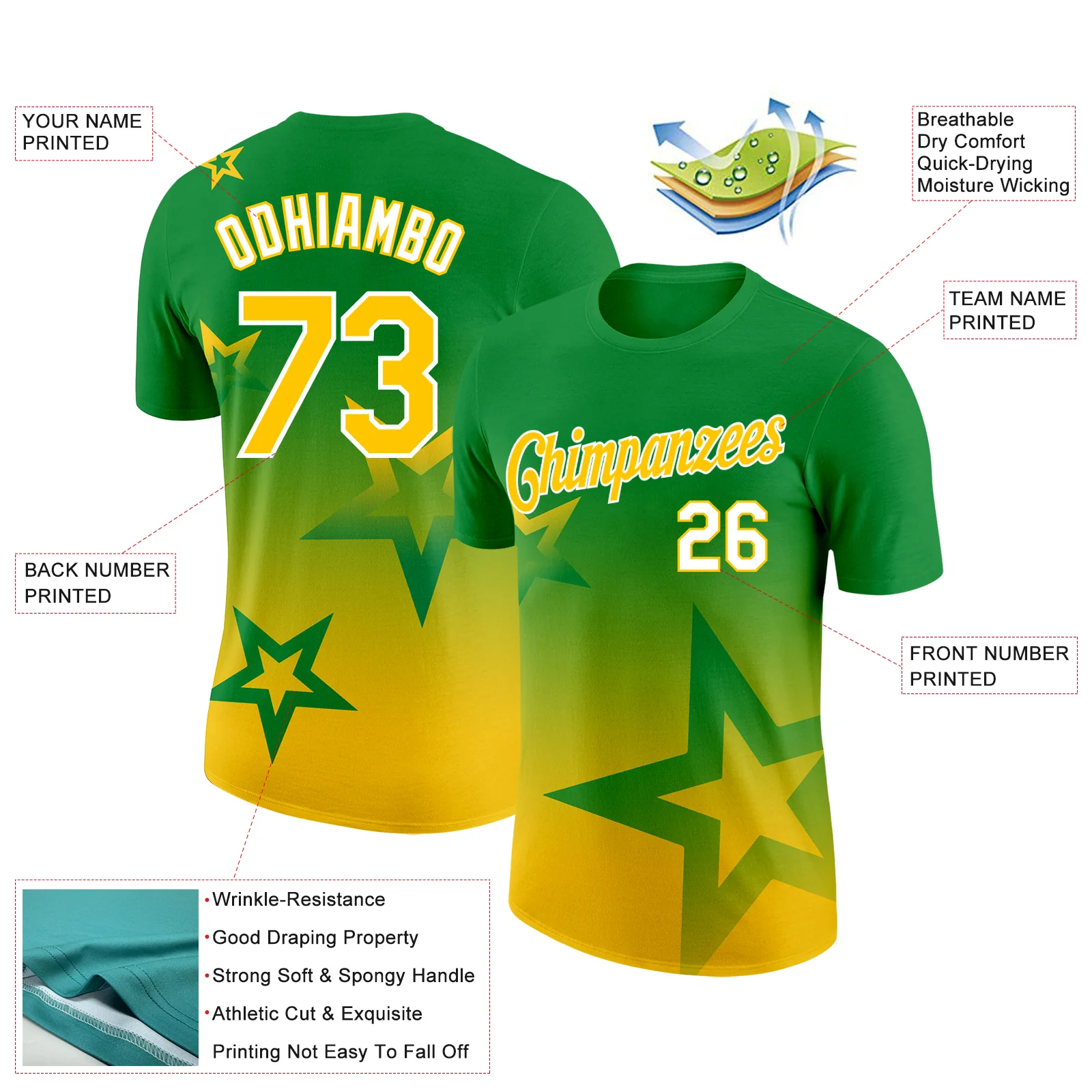 Custom Grass Green Yellow-White 3D Pattern Design Gradient Style Twinkle Star Performance T-Shirt - Image 2