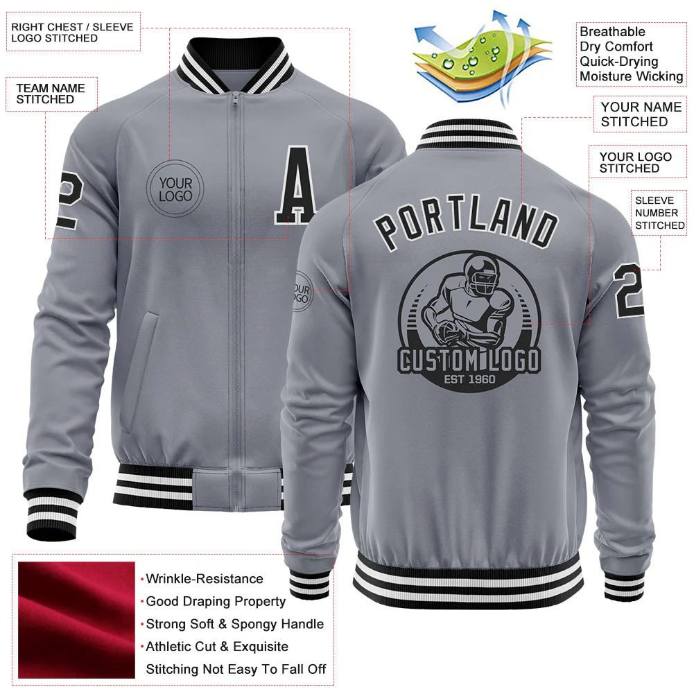 Custom Gray Black-White Bomber Varsity Letterman Zipper Jacket - Image 4
