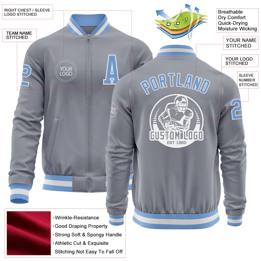 Custom Gray Light Blue-White Bomber Varsity Letterman Zipper Jacket - Image 4