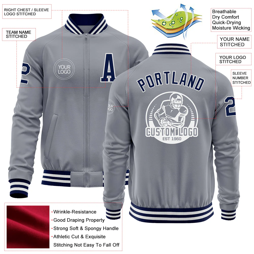 Custom Gray Navy-White Bomber Varsity Letterman Zipper Jacket - Image 4