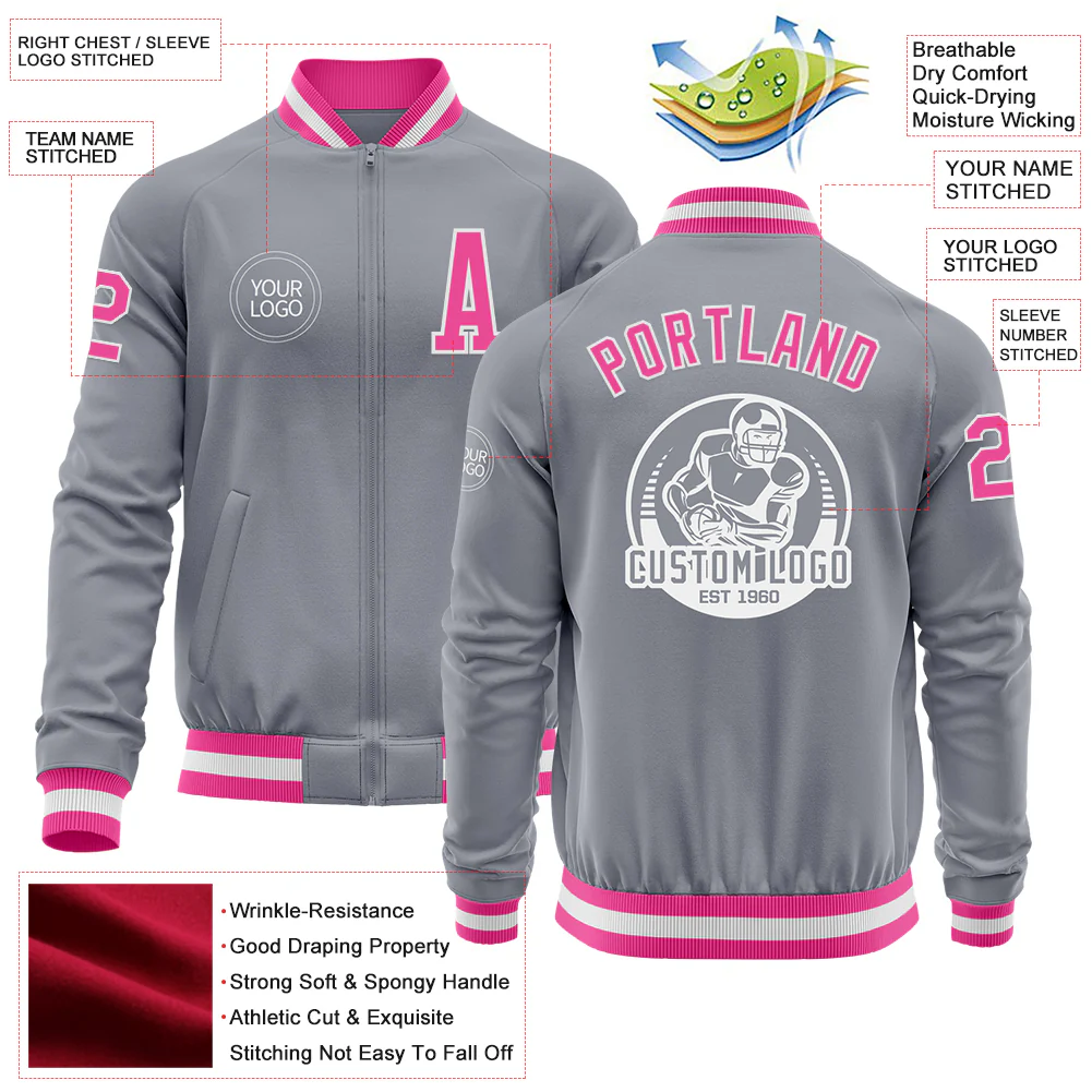 Custom Gray Pink-White Bomber Varsity Letterman Zipper Jacket - Image 4