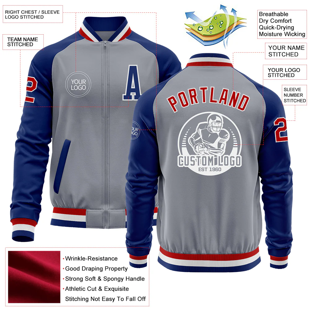 Custom Gray Red-Royal Bomber Varsity Letterman Two Tone Zipper Jacket - Image 4