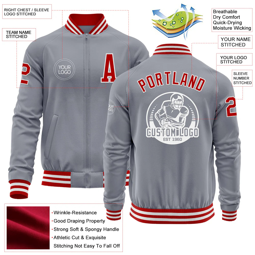 Custom Gray Red-White Bomber Varsity Letterman Zipper Jacket - Image 4
