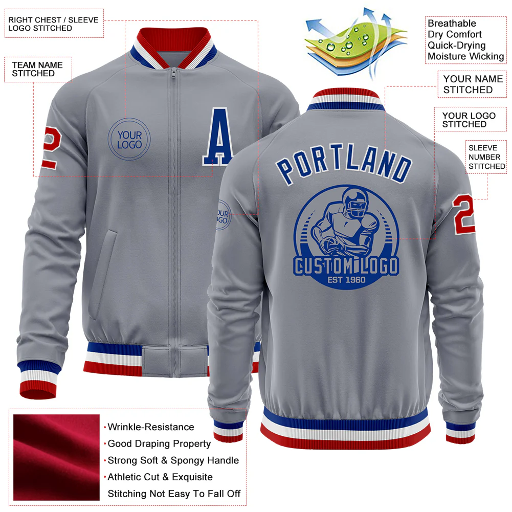 Custom Gray Red-Royal Bomber Varsity Letterman Zipper Jacket - Image 4