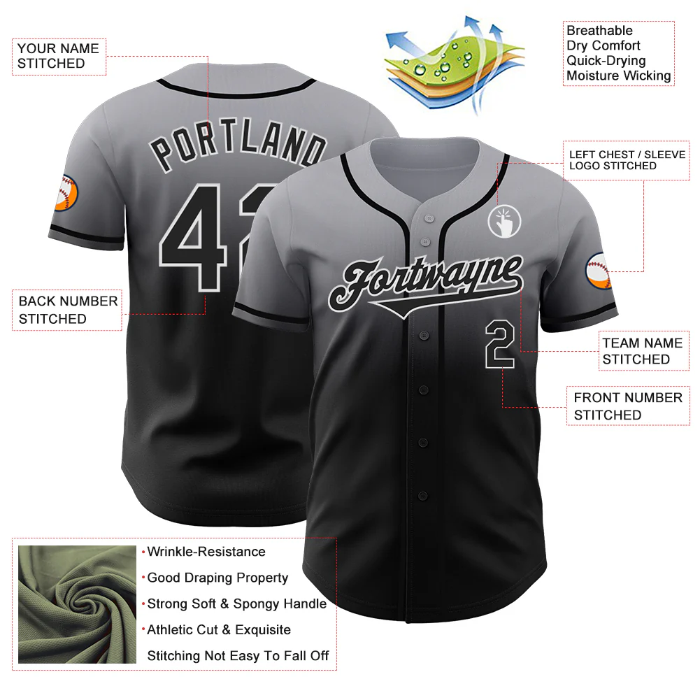 Custom Gray Black-White Authentic Fade Fashion Baseball Jersey - Image 3