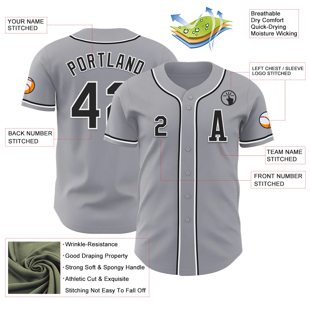 Custom Gray Black-White Authentic Baseball Jersey - Image 2