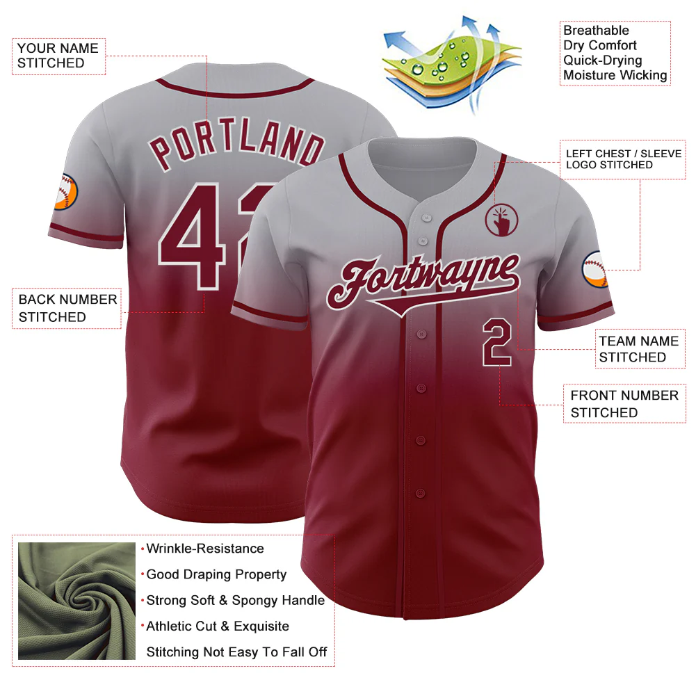 Custom Gray Crimson-White Authentic Fade Fashion Baseball Jersey - Image 3