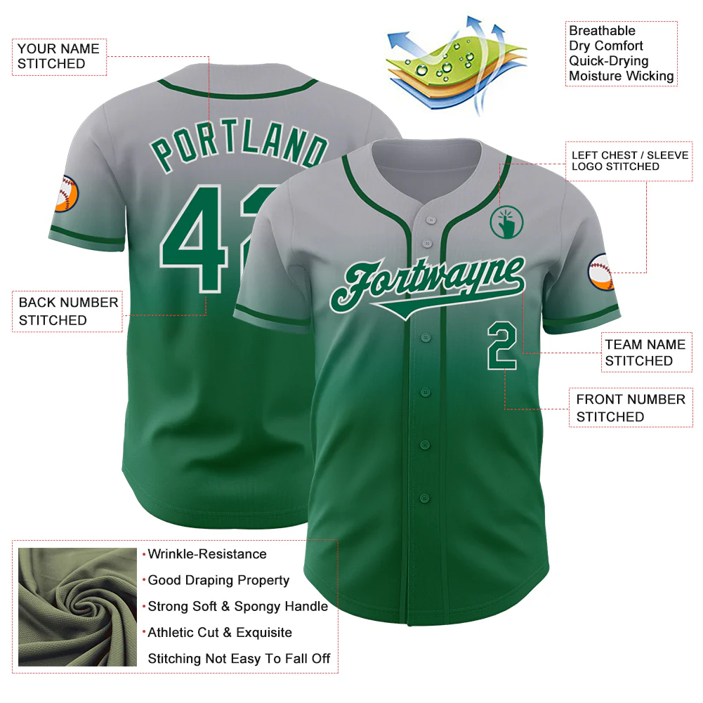 Custom Gray Kelly Green-White Authentic Fade Fashion Baseball Jersey - Image 3