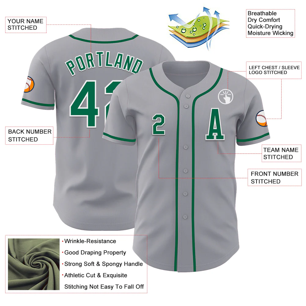 Custom Gray Kelly Green-White Authentic Baseball Jersey - Image 2