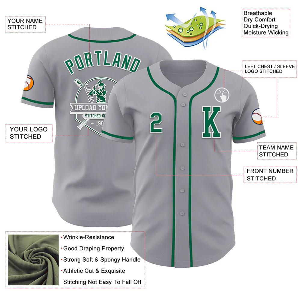 Custom Gray Kelly Green-White Authentic Baseball Jersey - Image 6