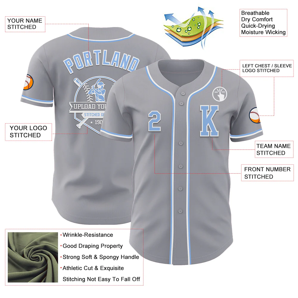 Custom Gray Light Blue-White Authentic Baseball Jersey - Image 6