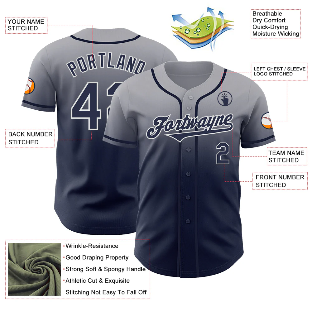 Custom Gray Navy-White Authentic Fade Fashion Baseball Jersey - Image 3