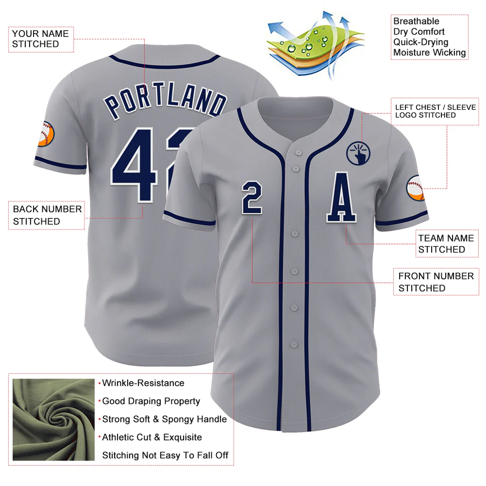 Custom Gray Navy-White Authentic Baseball Jersey - Image 2