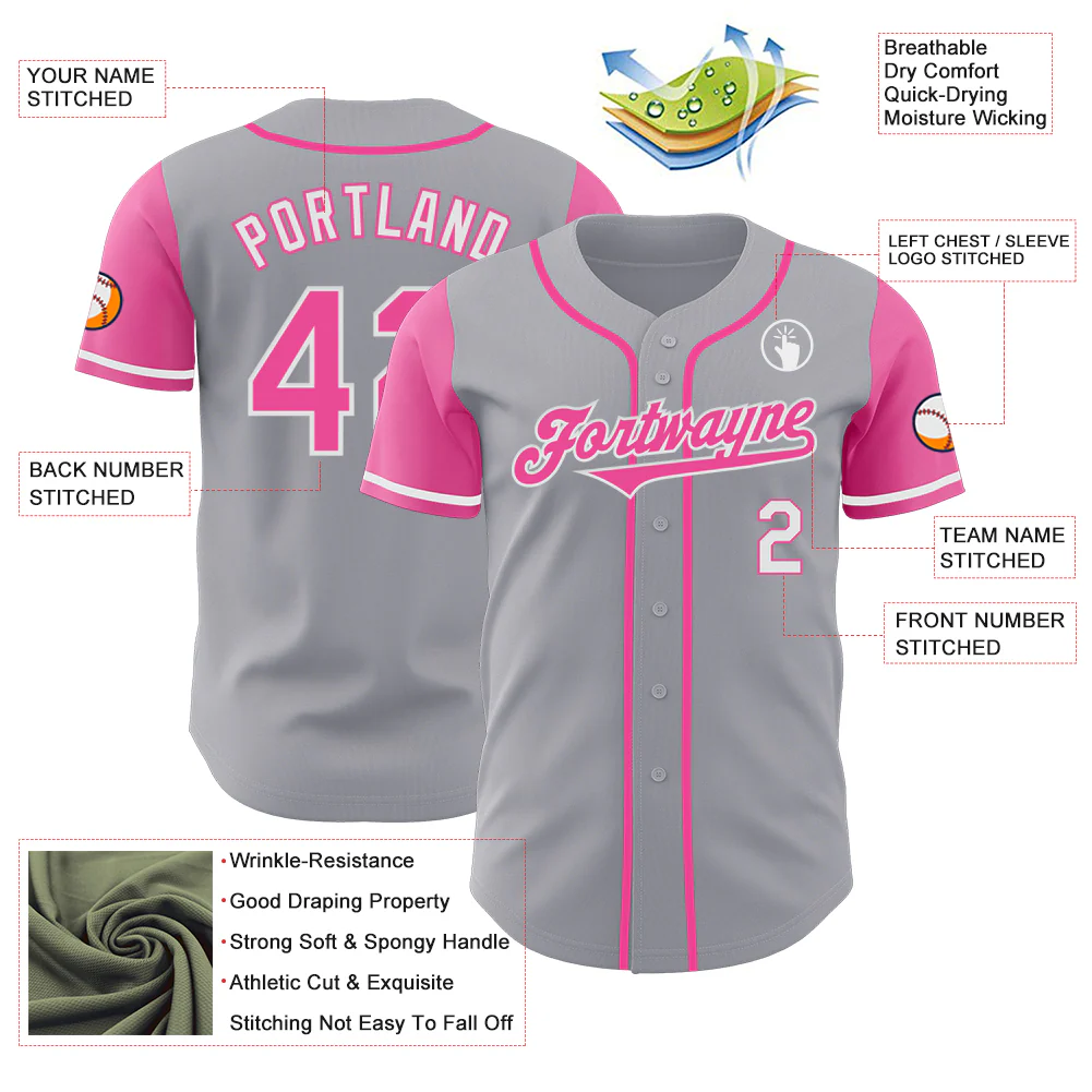 Custom Gray Pink-White Authentic Two Tone Baseball Jersey - Image 3