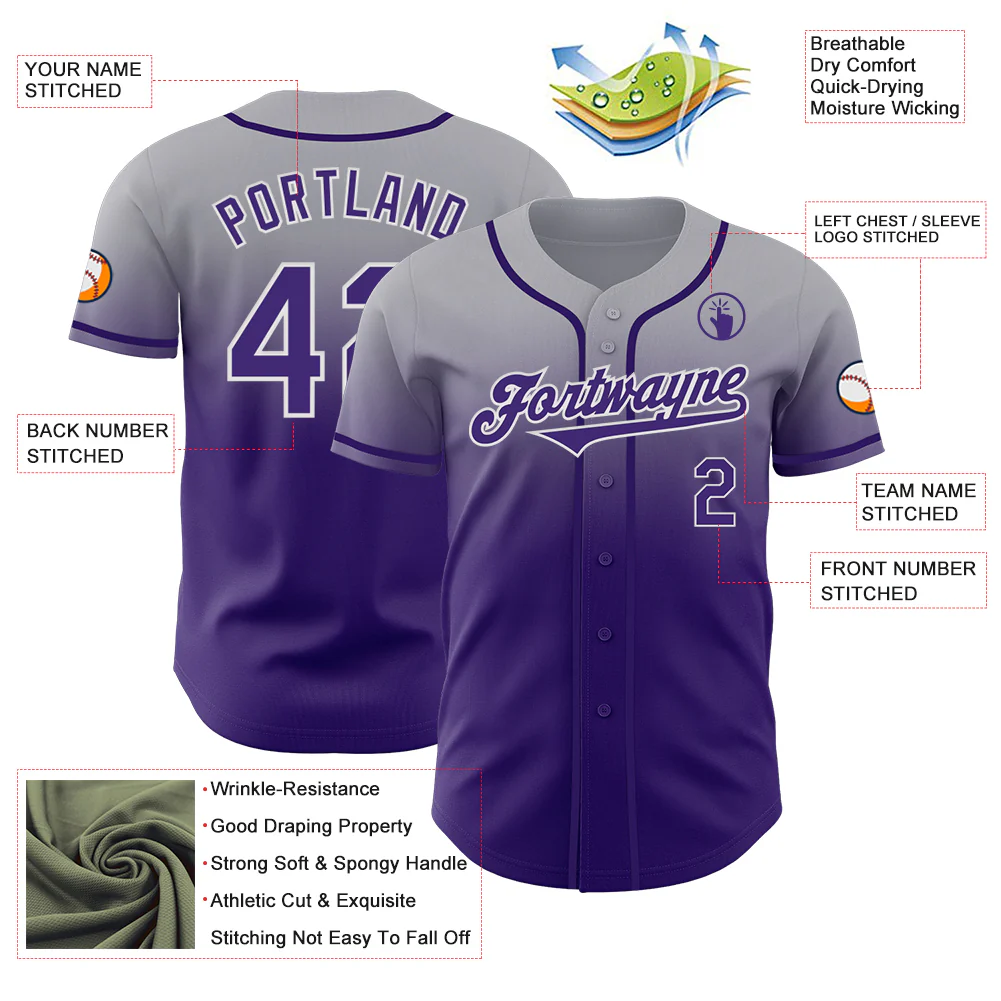 Custom Gray Purple-White Authentic Fade Fashion Baseball Jersey - Image 3