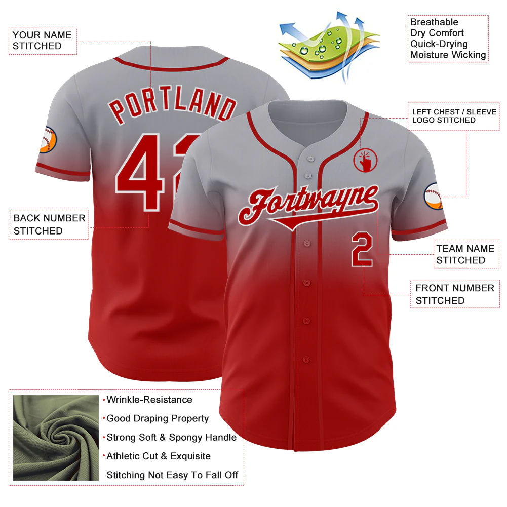 Custom Gray Red-White Authentic Fade Fashion Baseball Jersey - Image 3
