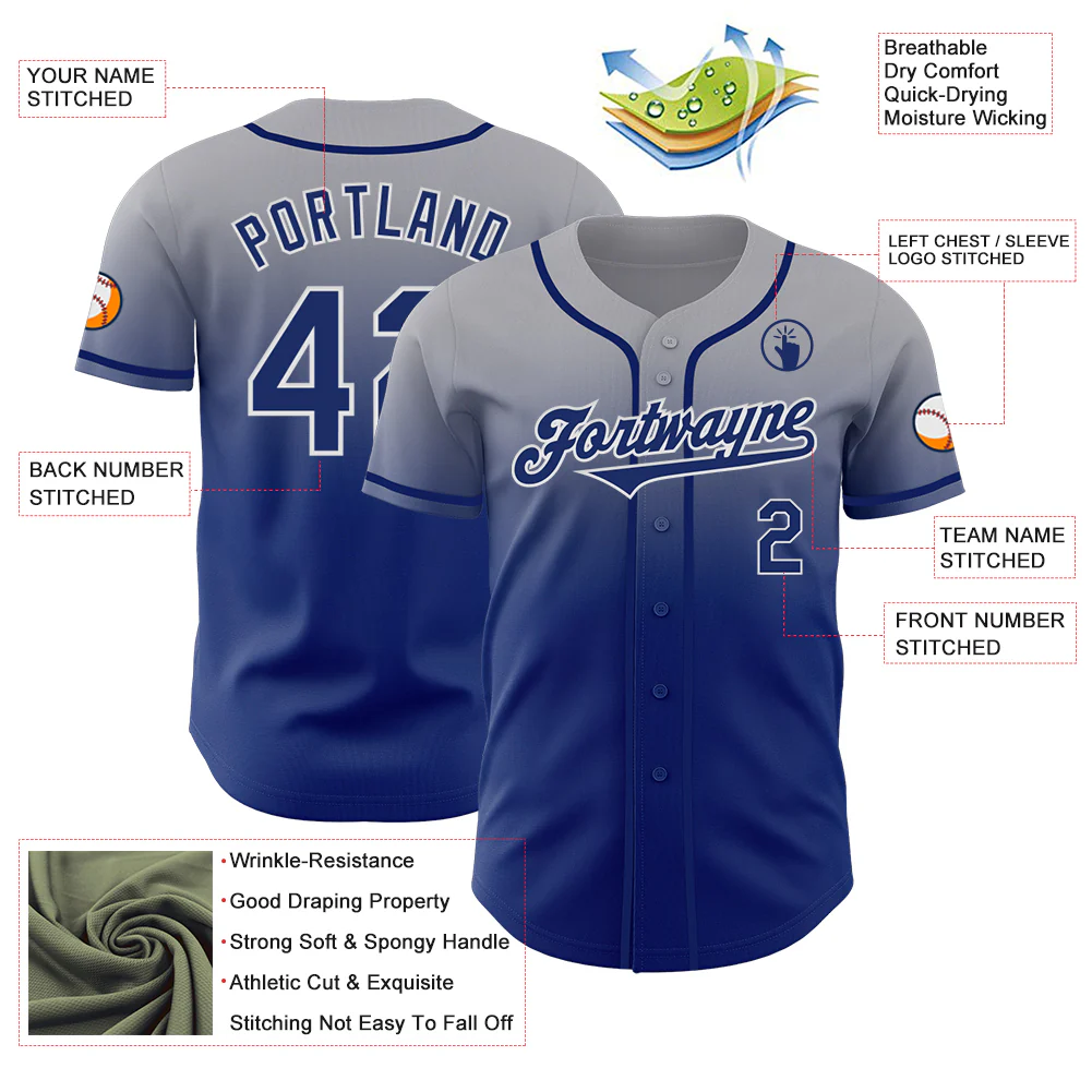 Custom Gray Royal-White Authentic Fade Fashion Baseball Jersey - Image 3