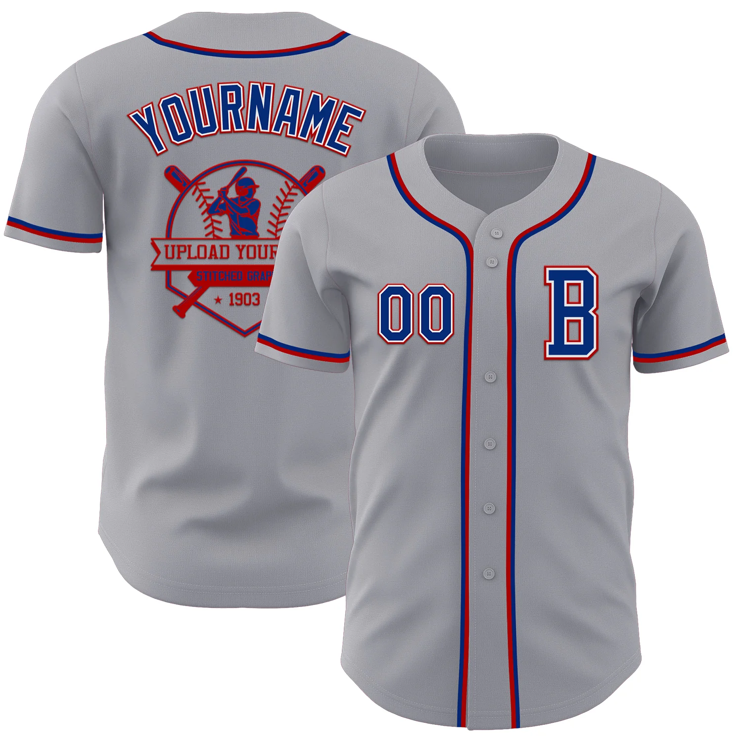 Custom Gray Royal-Red Authentic Baseball Jersey - Image 5