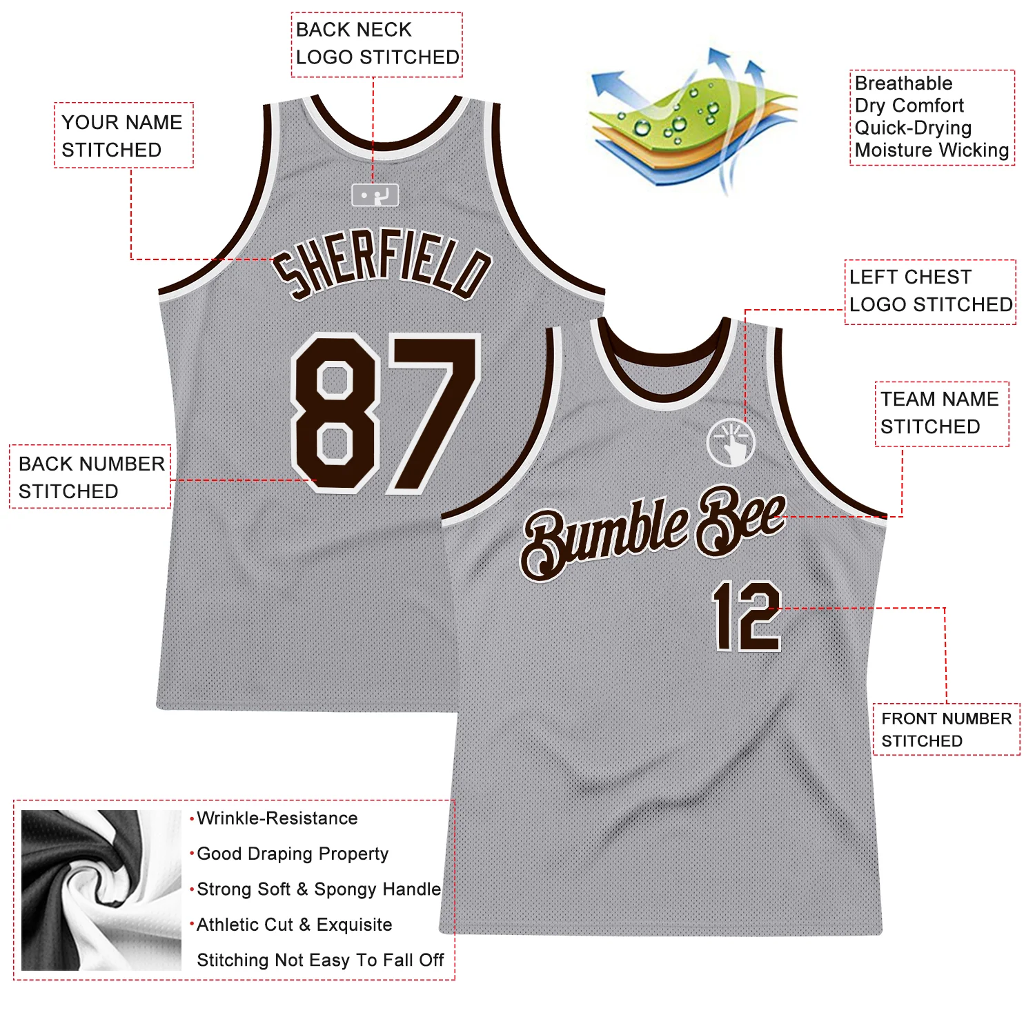 Custom Gray Brown-White Authentic Throwback Basketball Jersey - Image 2