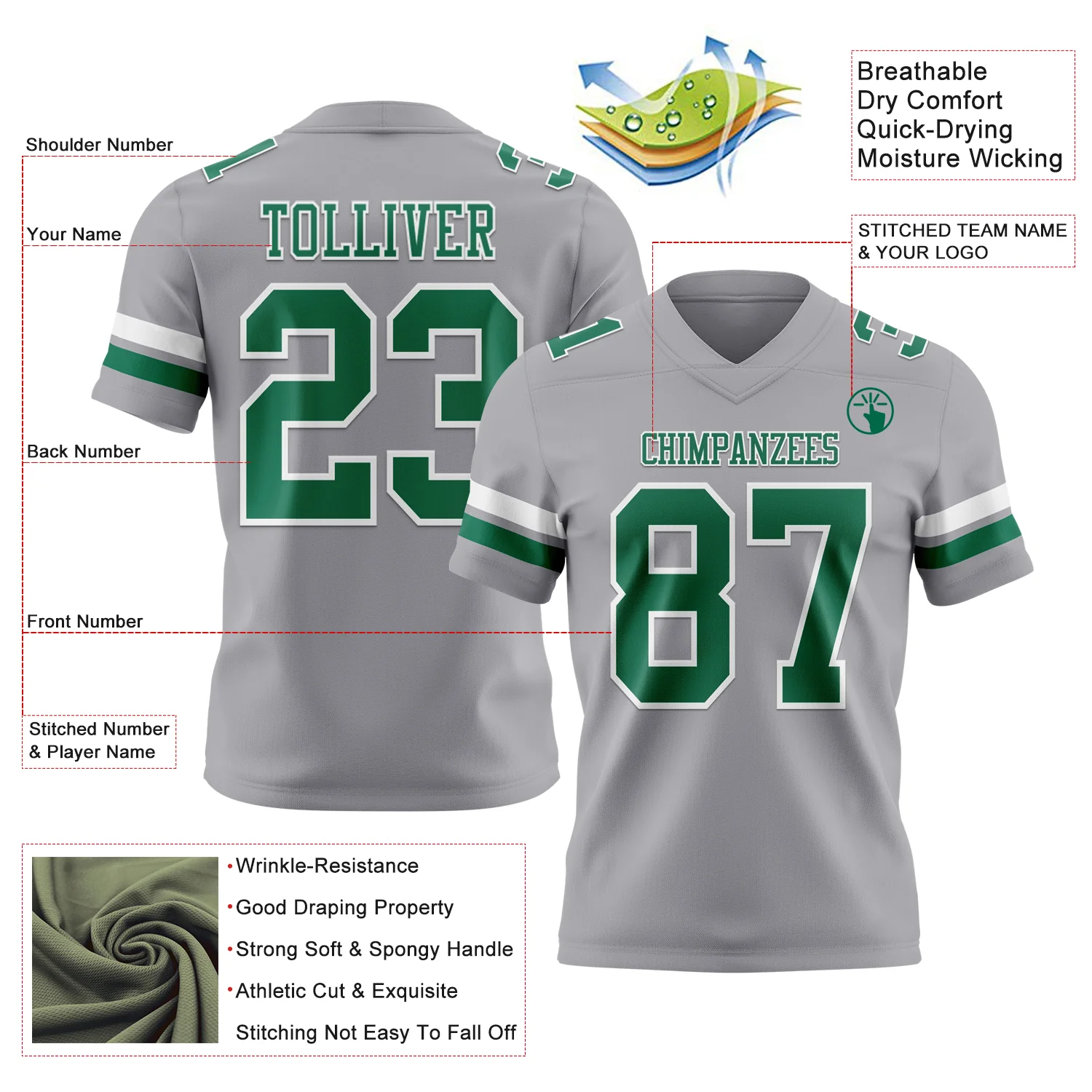 Custom Gray Kelly Green-White Authentic Football Jersey - Image 3