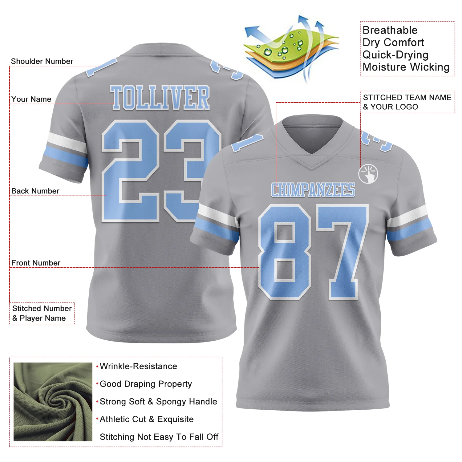Custom Gray Light Blue-White Authentic Football Jersey - Image 3