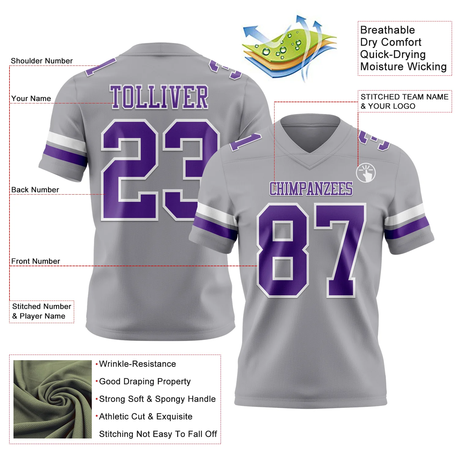Custom Gray Purple-White Authentic Football Jersey - Image 3
