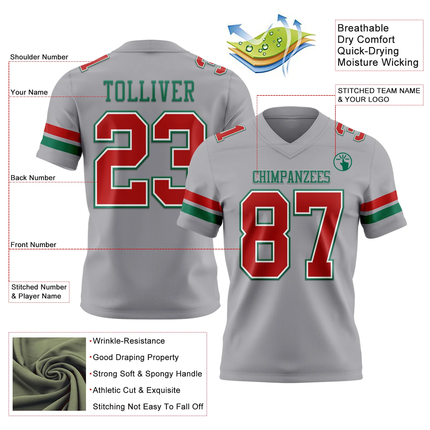 Custom Gray Red White-Kelly Green Authentic Football Jersey - Image 3