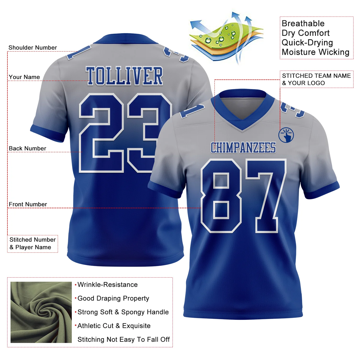 Custom Gray Royal-White Authentic Fade Fashion Football Jersey - Image 2