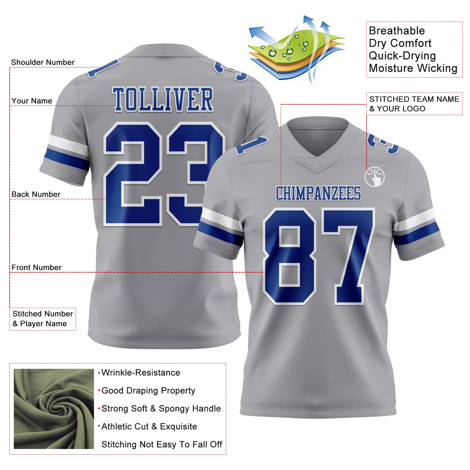 Custom Gray Royal-White Authentic Football Jersey - Image 3