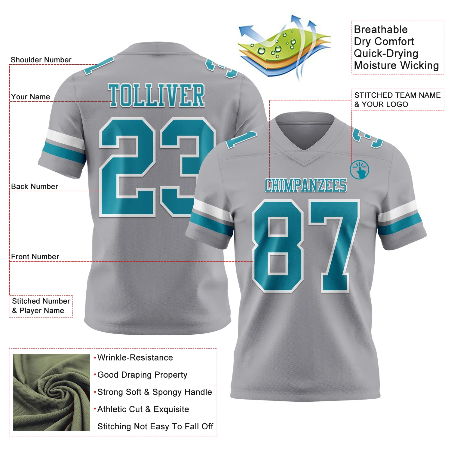 Custom Gray Teal-White Authentic Football Jersey - Image 3