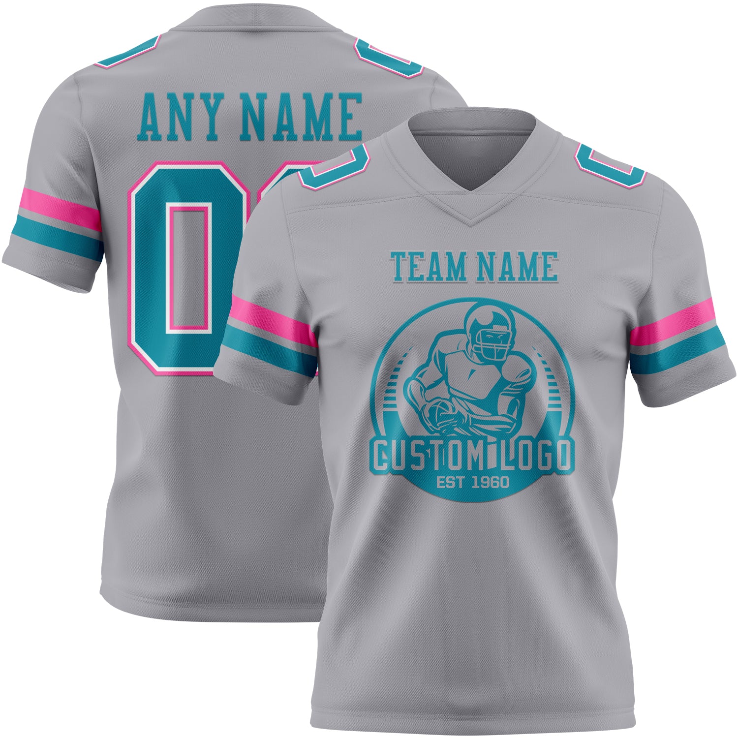 Custom Gray Teal White-Pink Authentic Football Jersey - Image 2