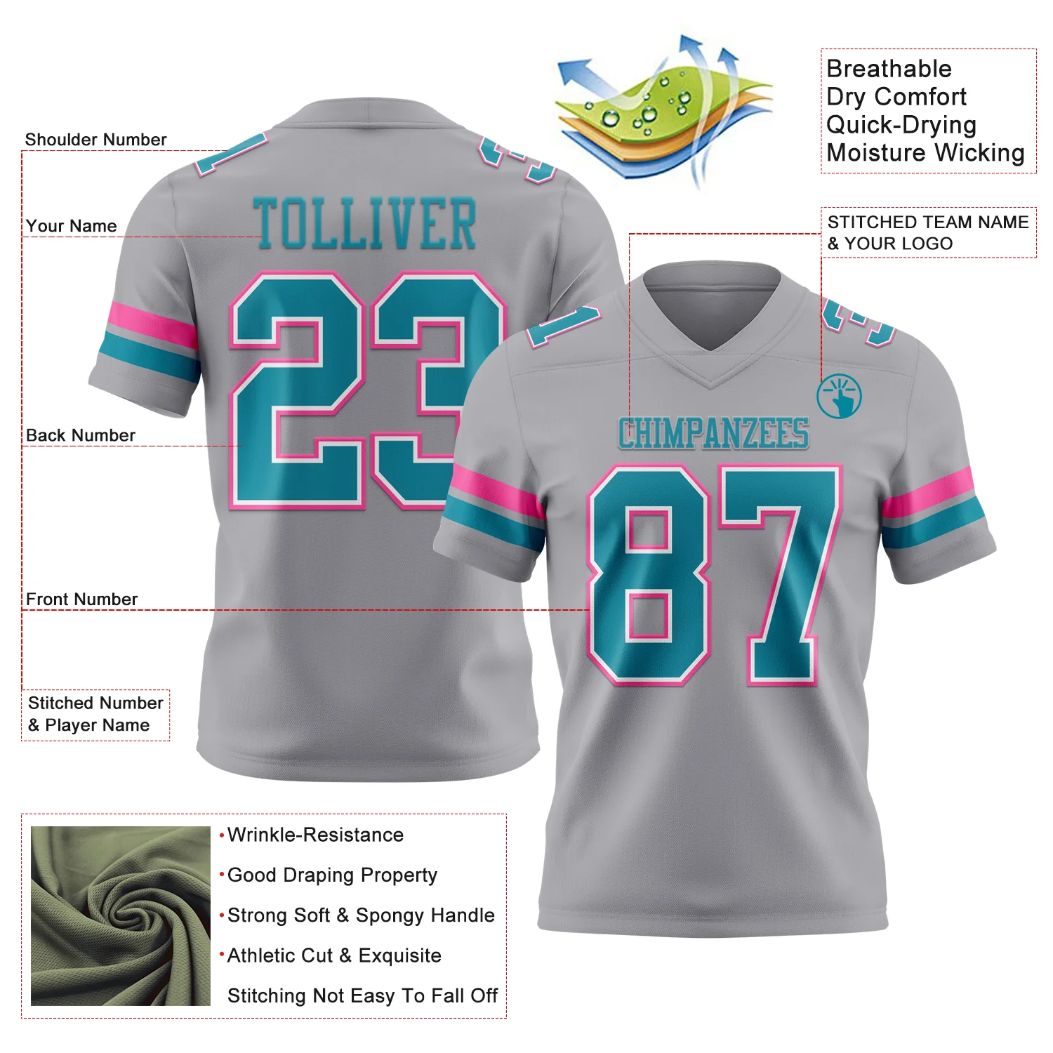 Custom Gray Teal White-Pink Authentic Football Jersey - Image 3