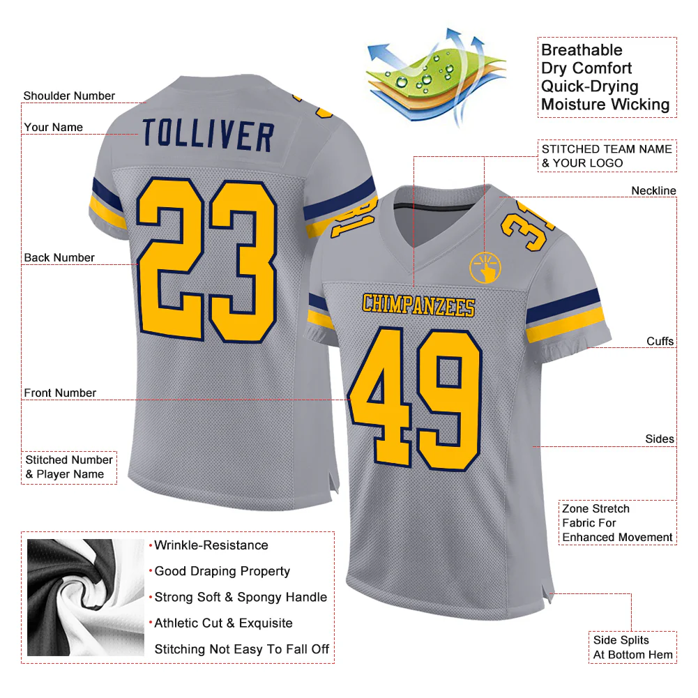 Custom Gray Gold-White Mesh Authentic Football Jersey - Image 2