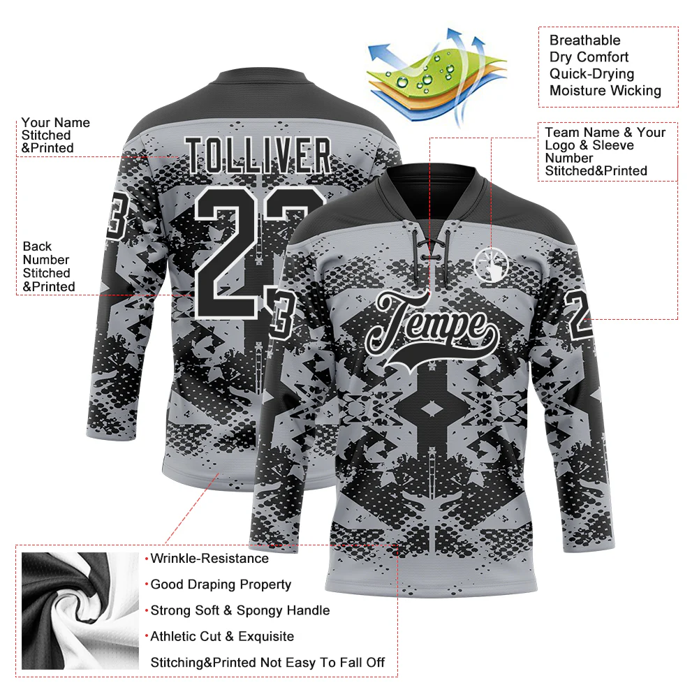 Custom Gray Black-White 3D Pattern Abstract Grunge Hockey Lace Neck Jersey - Image 3