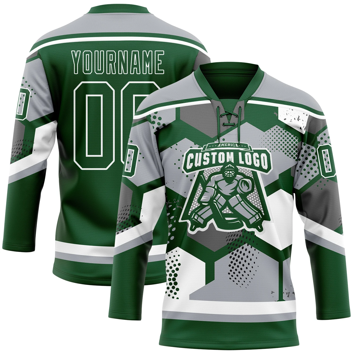 Custom Gray Green-White 3D Pattern Geometric Shape Hockey Lace Neck Jersey - Image 2