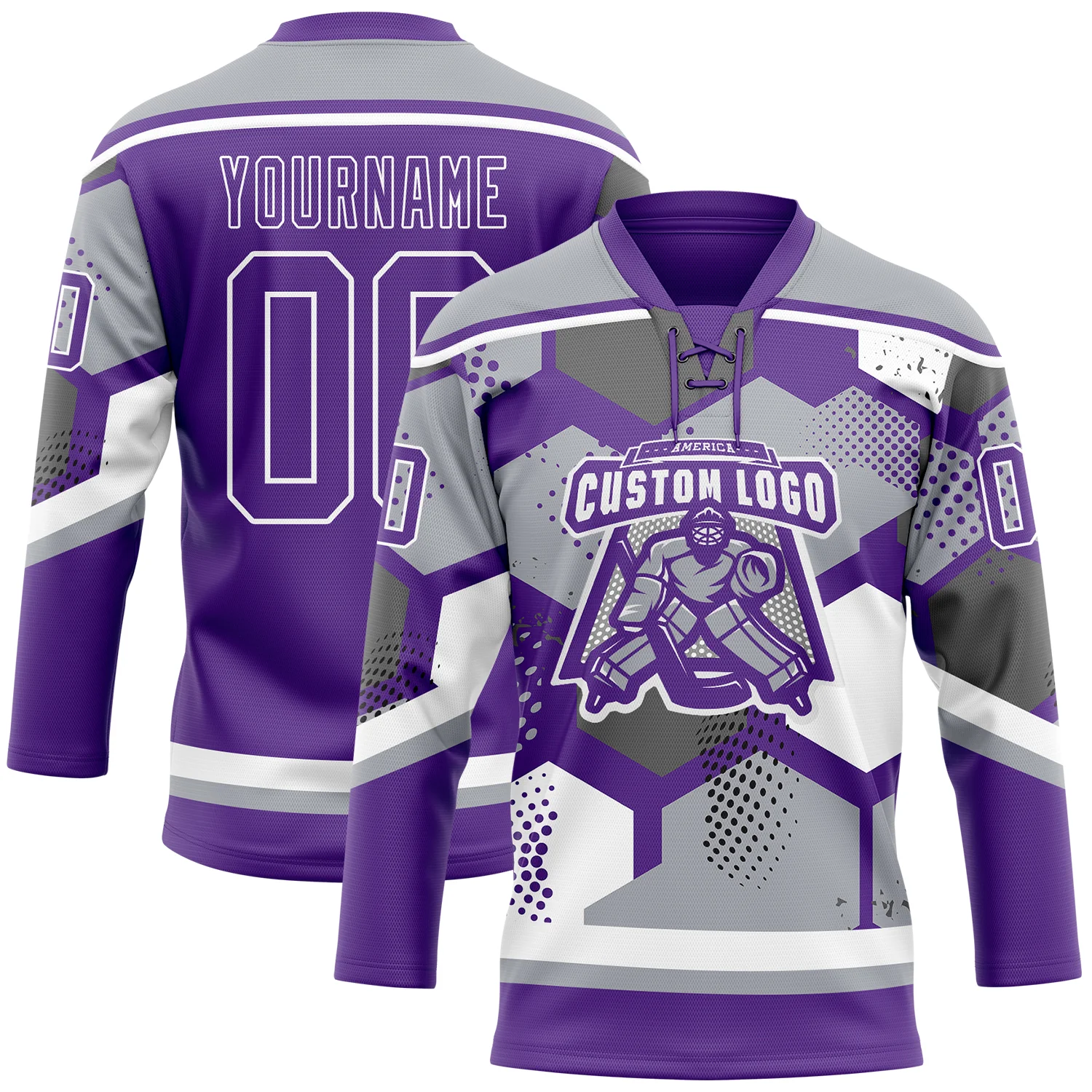 Custom Gray Purple-White 3D Pattern Geometric Shape Hockey Lace Neck Jersey - Image 2