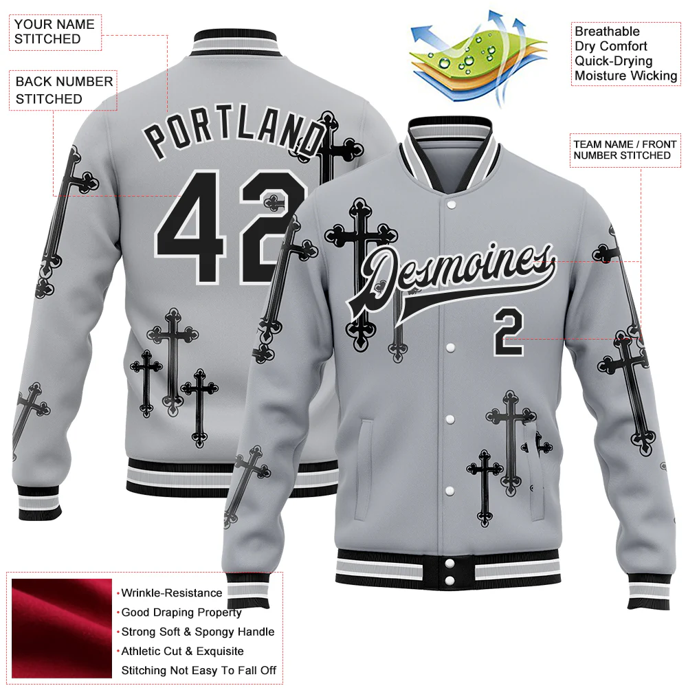Custom Gray Black-White Gothic Crosses Bomber Full-Snap Varsity Letterman Jacket - Image 4